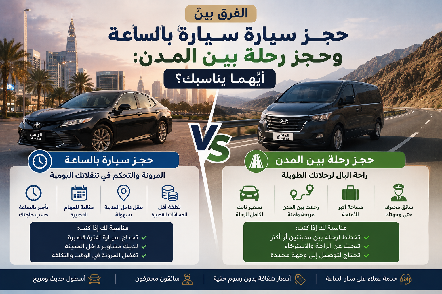 الفرق بين حجز سيارة بالساعة وحجز رحلة بين المدن: أيهما يناسبك؟